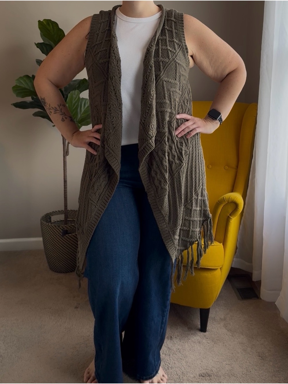 Sonoma Olive Green Open-Front Cable Knit Fringe Vest